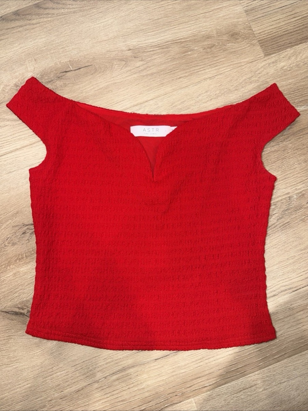 ASTR Red Off-Shoulder Textured Crop Top